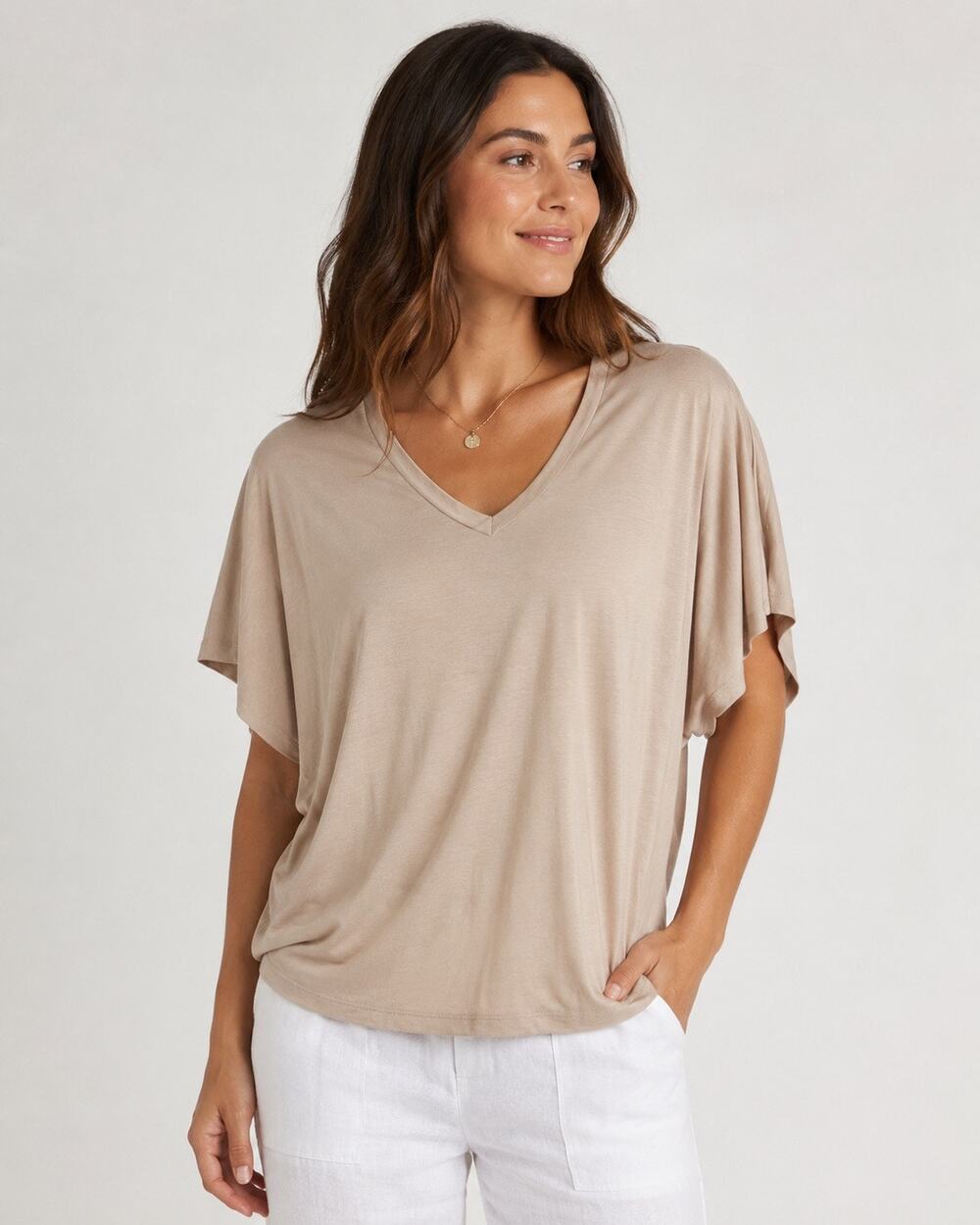 Marcella V-Neck Tunic Soft T-Shirt Short Sleeve Batwing Cap Sleeve M Beige